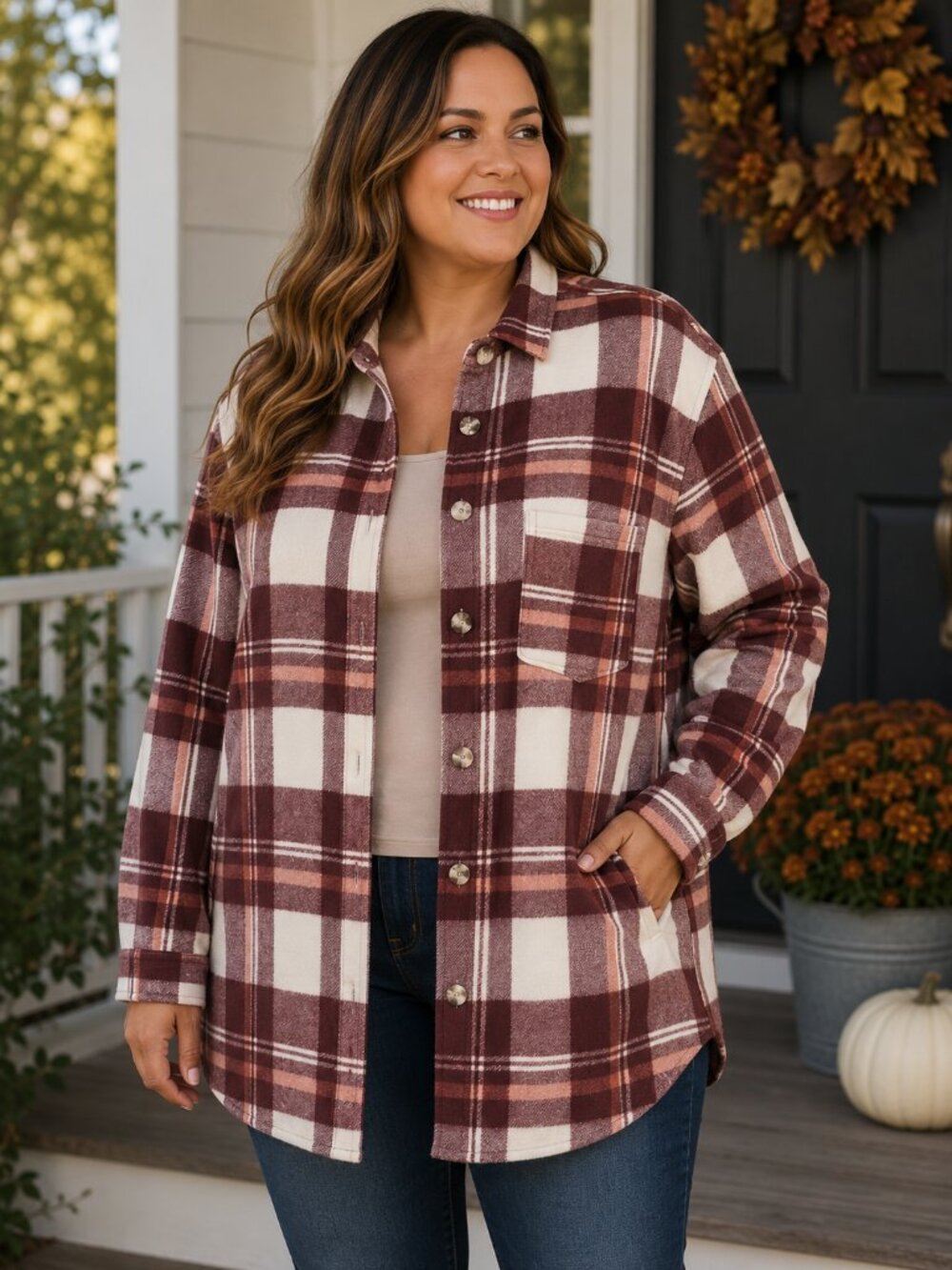 Eddie Bauer Womens Brown Blush Plaid Flannel Button Down Shirt Jacket L Cozy